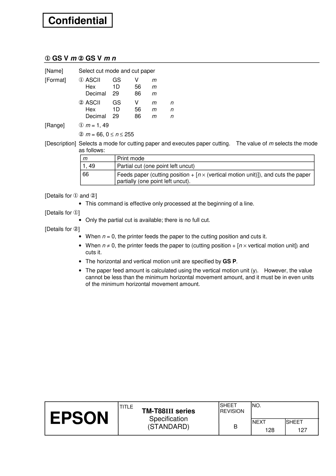 Epson T88III specifications ① GS V m ② GS V m n, ① Ascii, ② Ascii 