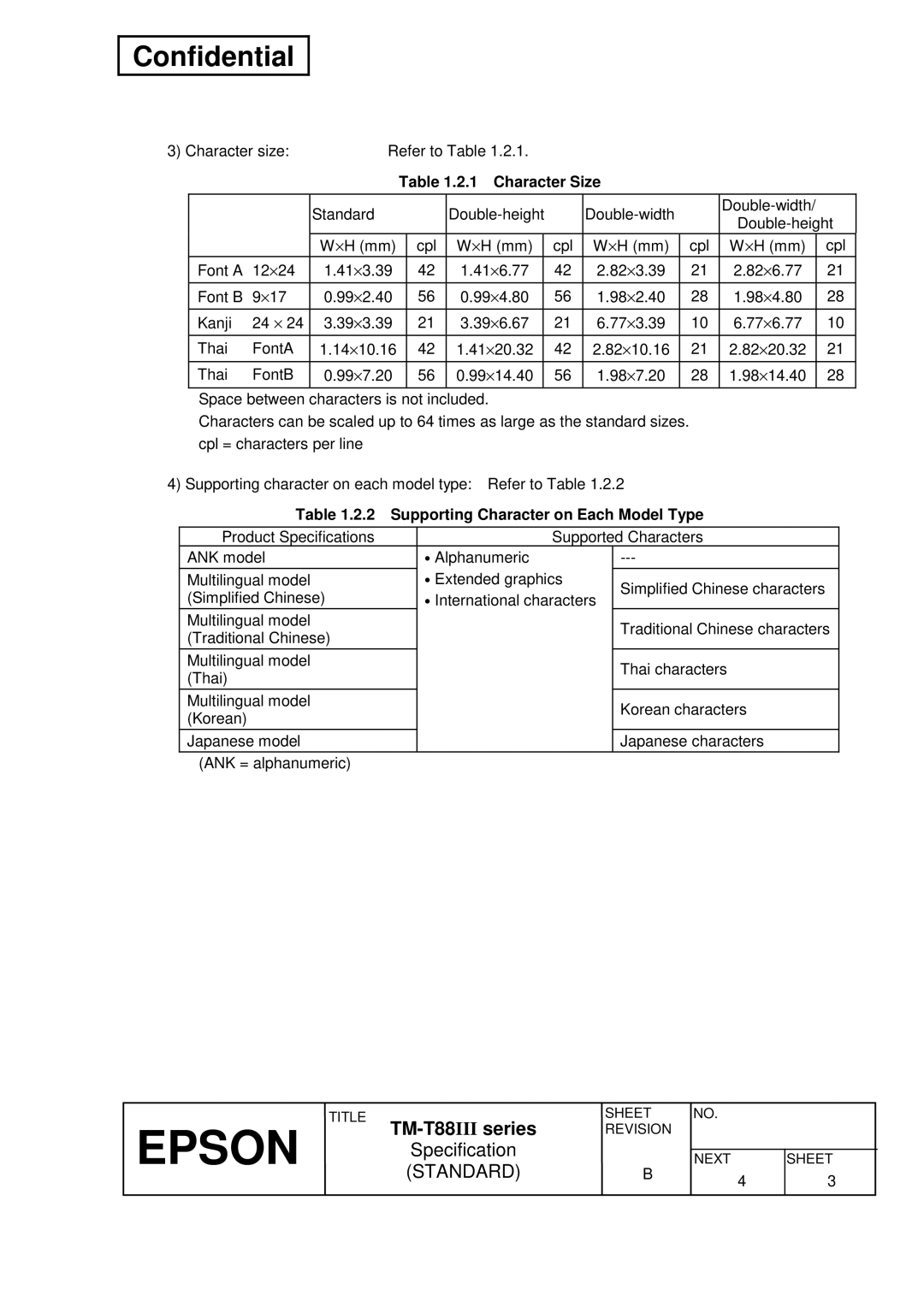 Epson T88III specifications Character Size, Supporting Character on Each Model Type 