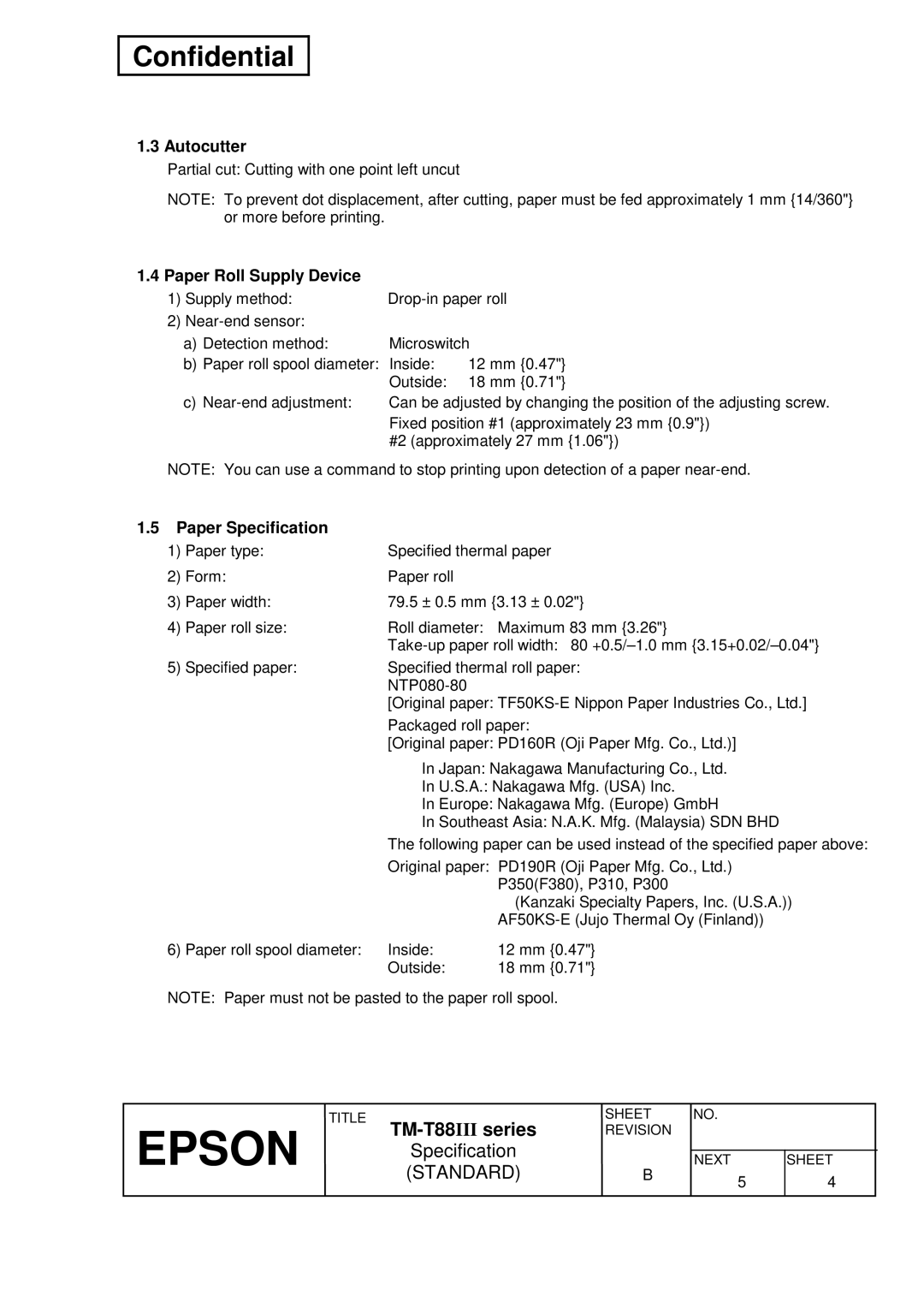 Epson T88III specifications Autocutter, Paper Roll Supply Device, Paper Specification 