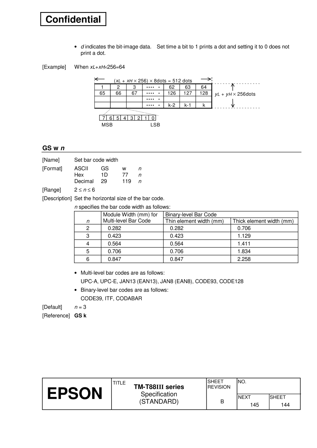 Epson T88III specifications GS w n, CODE39, ITF, Codabar 