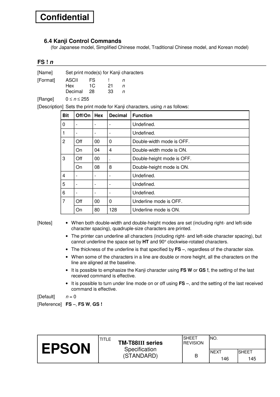 Epson T88III specifications Kanji Control Commands, FS ! n, Bit Off/On Hex Decimal Function, Fs − , Fs W , Gs 