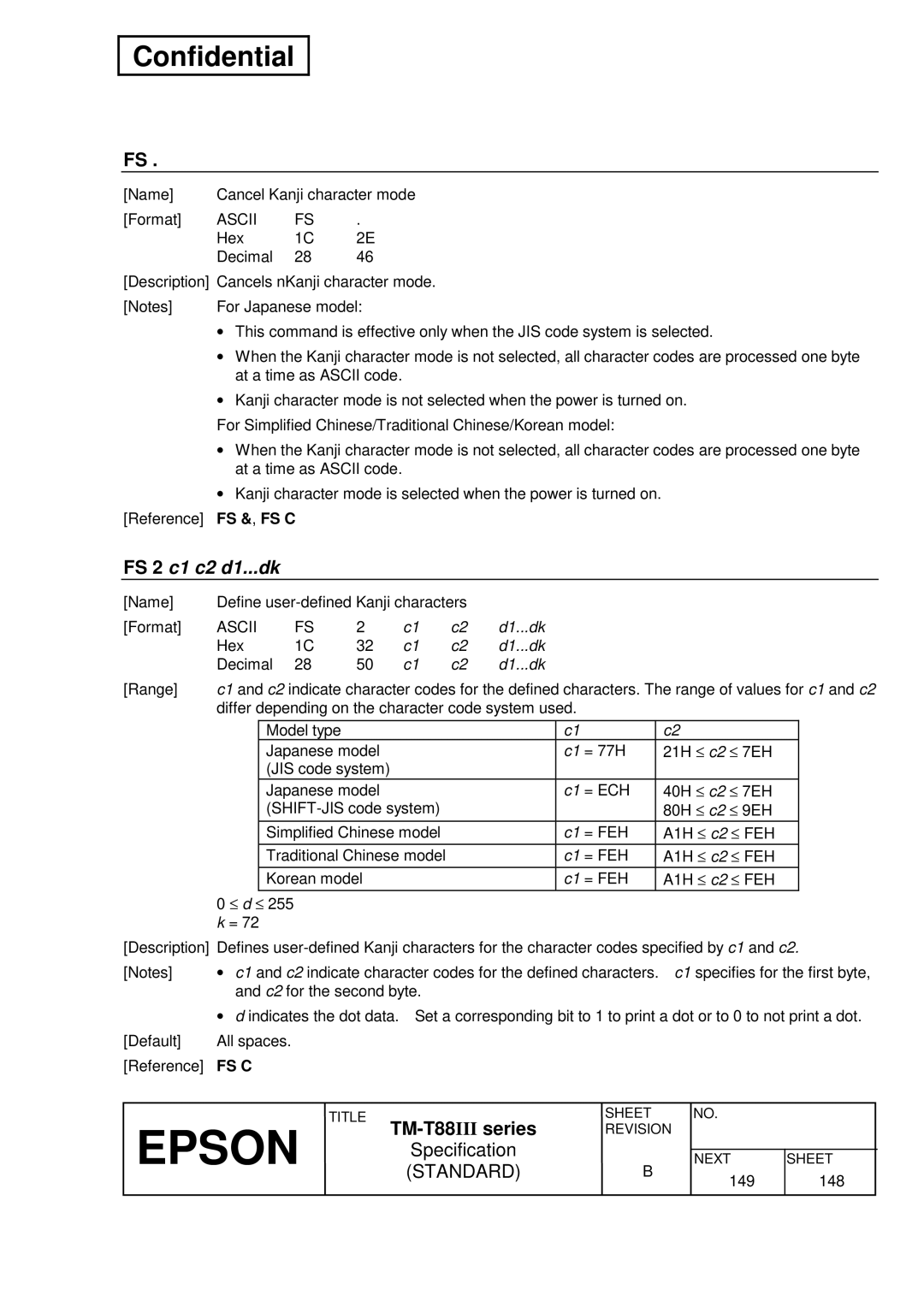 Epson T88III specifications Fs & , Fs C 