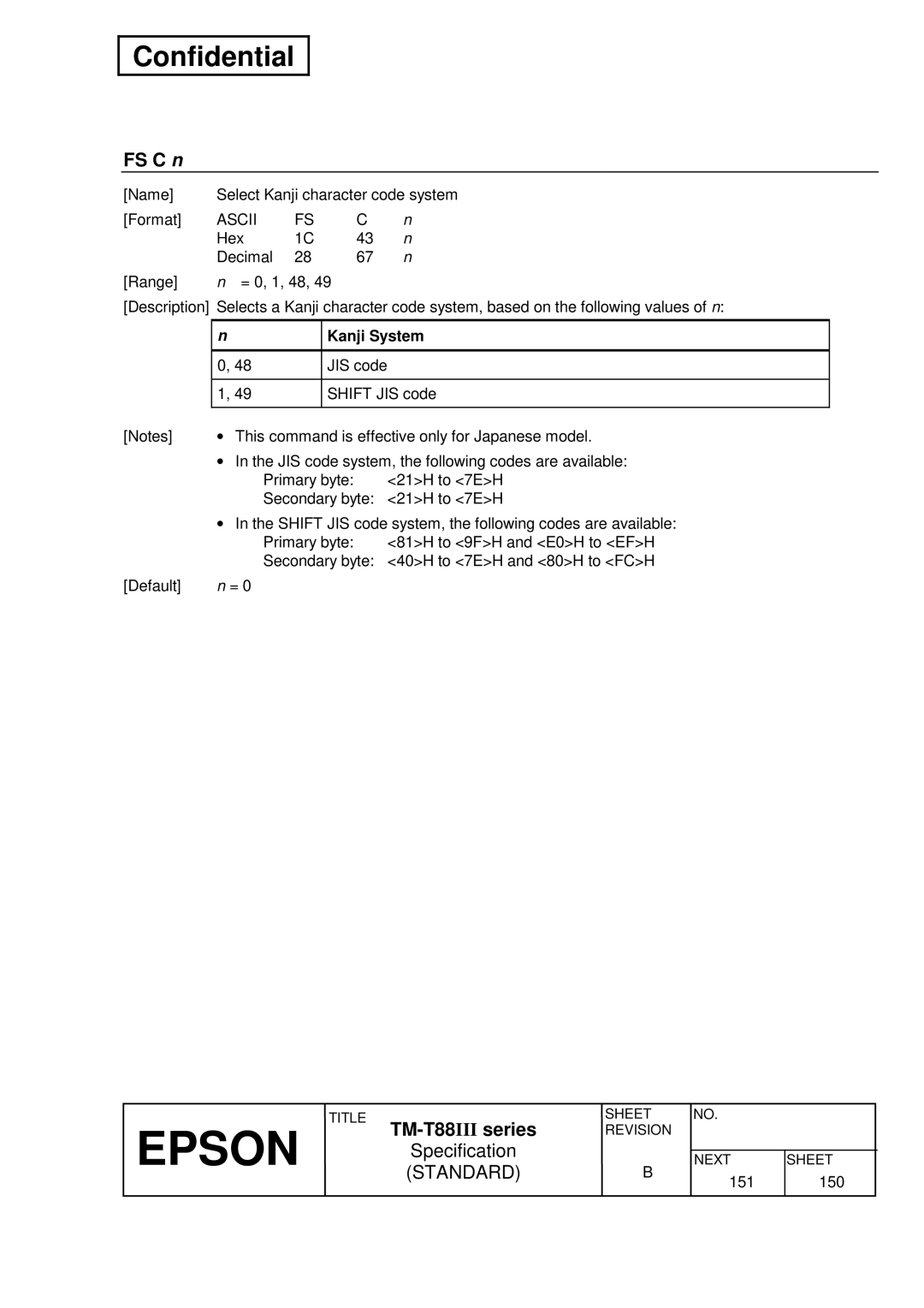 Epson T88III specifications FS C n, Kanji System 