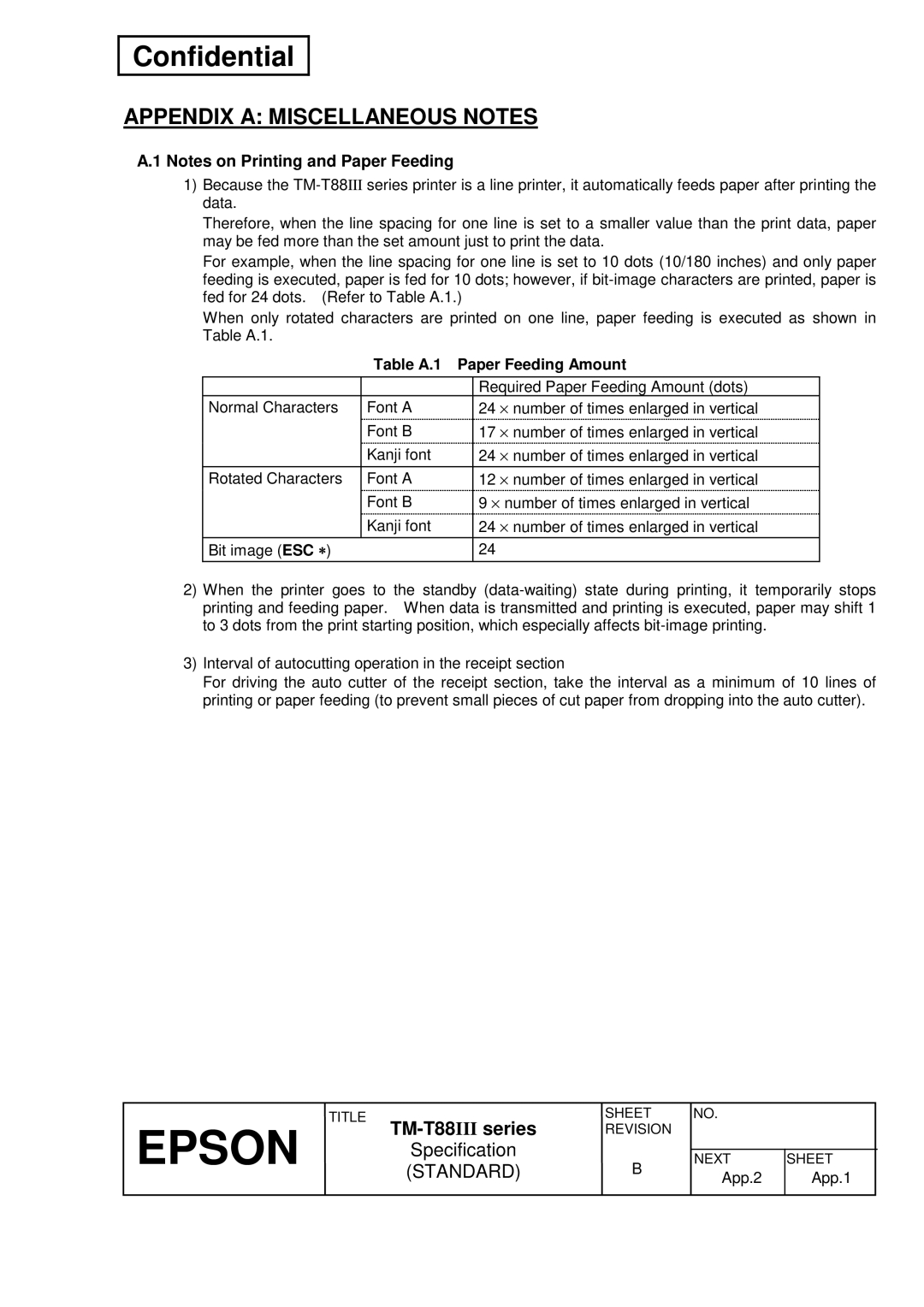 Epson T88III specifications Appendix a Miscellaneous Notes, Table A.1 Paper Feeding Amount 