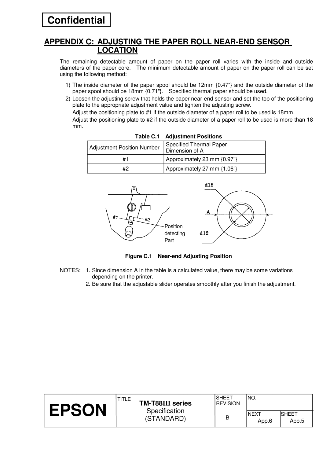 Epson T88III specifications Table C.1 Adjustment Positions, Figure C.1 Near-end Adjusting Position 