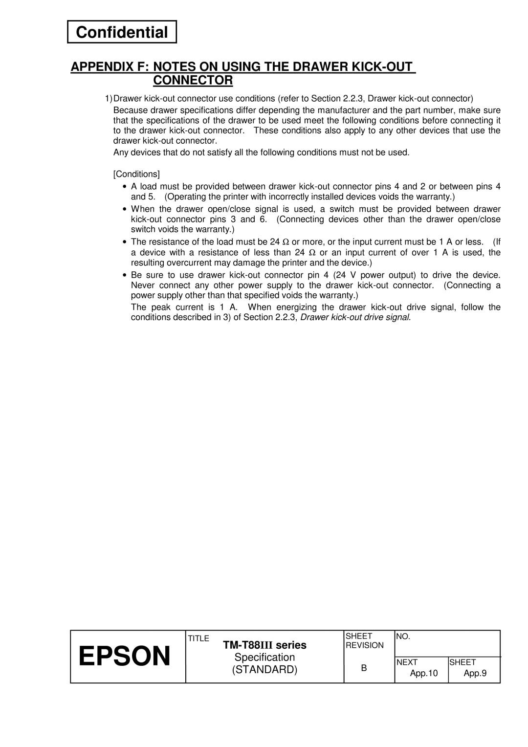 Epson T88III specifications Appendix F Notes on Using the Drawer KICK-OUT Connector 