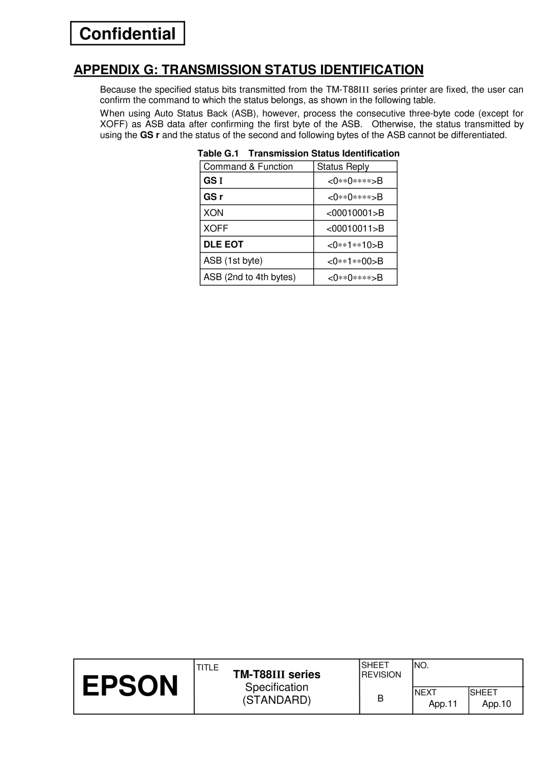 Epson T88III specifications Appendix G Transmission Status Identification, Table G.1 Transmission Status Identification 