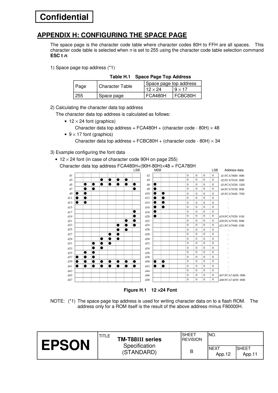 Epson T88III specifications Appendix H Configuring the Space, Table H.1 Space Page Top Address, FCA480H FCBC80H 