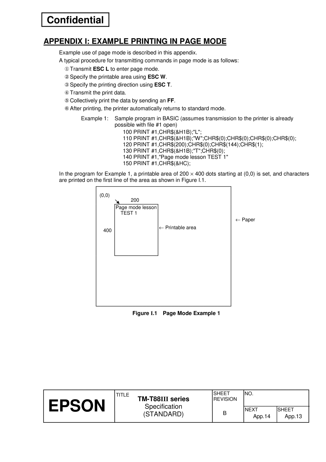 Epson T88III specifications Appendix I Example Printing in page Mode, Figure I.1 Page Mode Example 