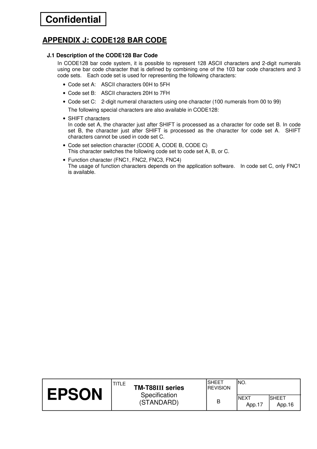 Epson T88III specifications Appendix J CODE128 BAR Code, Description of the CODE128 Bar Code 