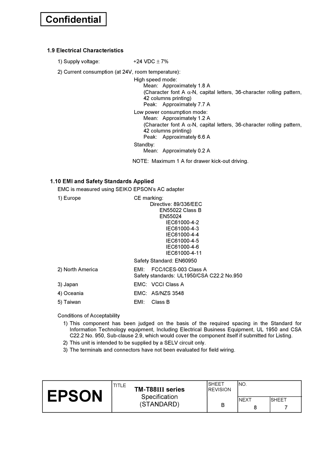 Epson T88III specifications Electrical Characteristics, EMI and Safety Standards Applied, Emi 