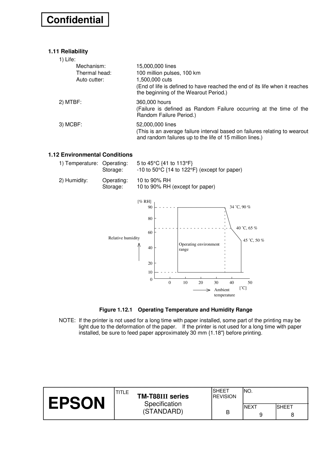 Epson T88III specifications Reliability, Environmental Conditions 