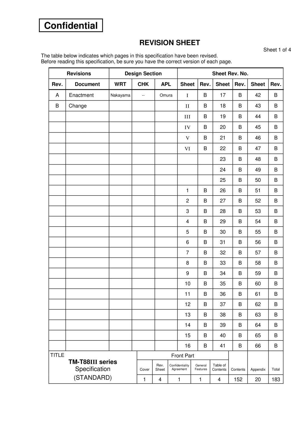 Epson T88III specifications Revision Sheet, TM-T88 III series, Revisions Design Section Sheet Rev. No Document, Title 