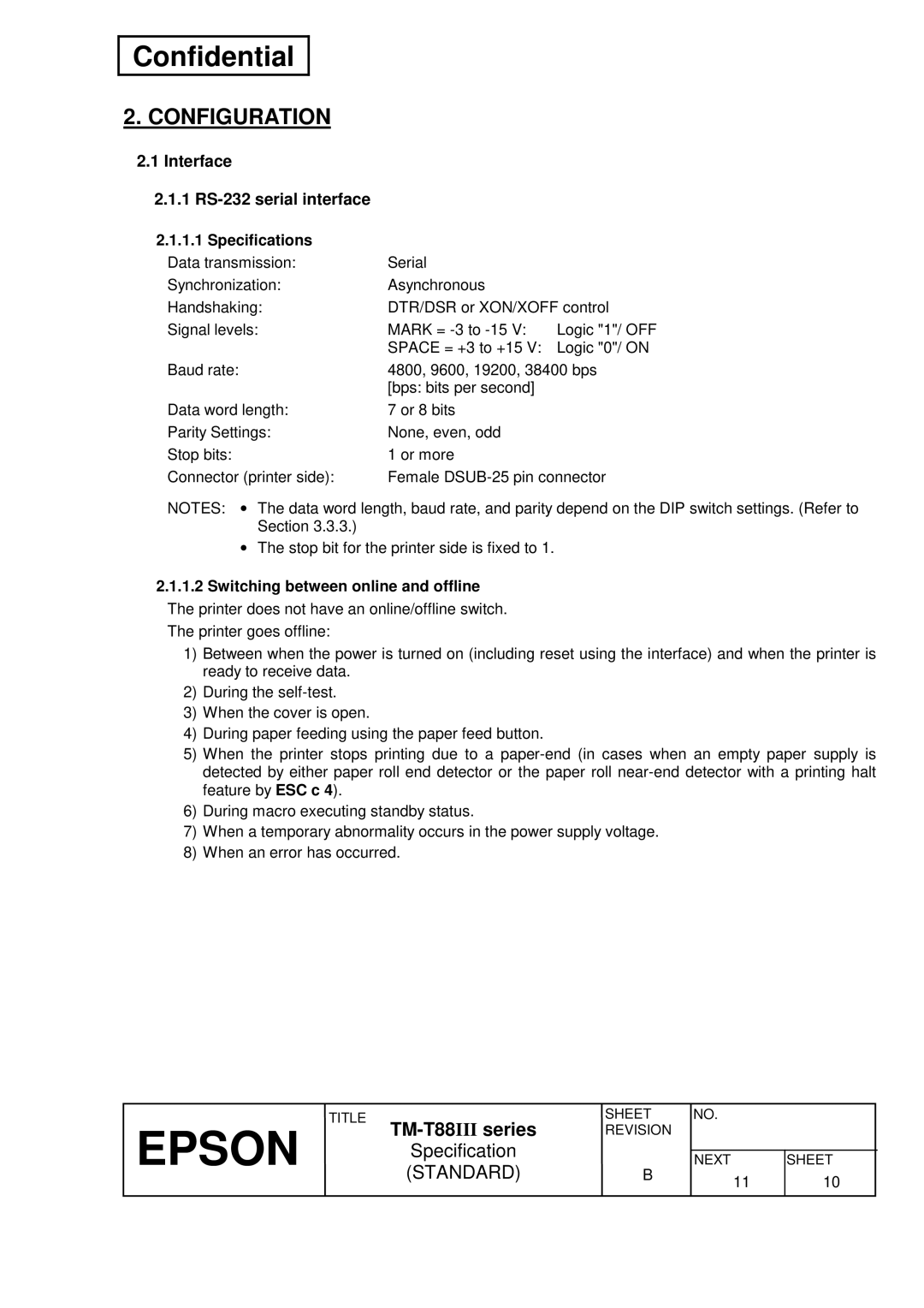 Epson T88III Configuration, Interface 1 RS-232 serial interface, Specifications, Switching between online and offline 