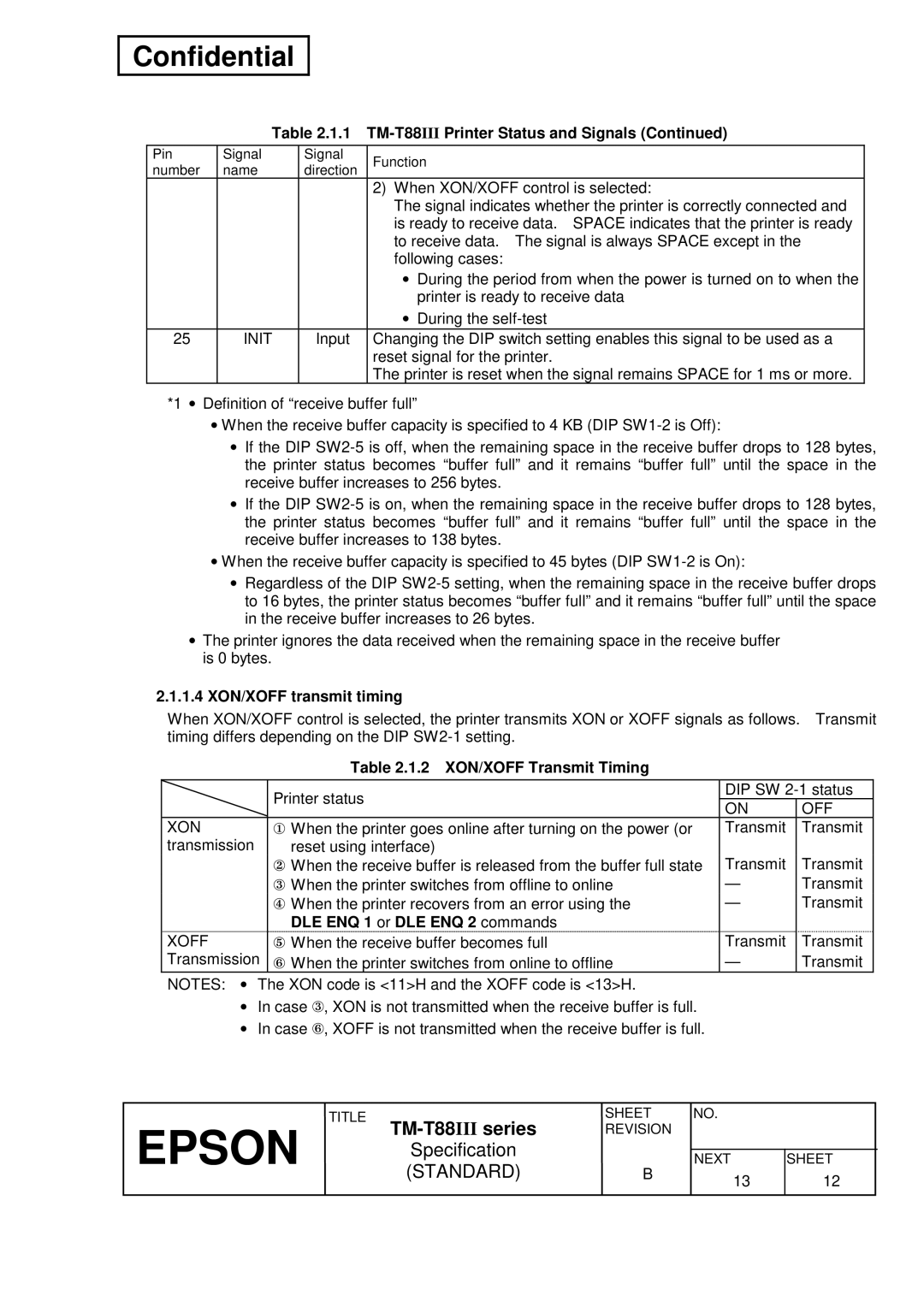 Epson T88III specifications 1.4 XON/XOFF transmit timing, 2 XON/XOFF Transmit Timing, DLE ENQ 1 or DLE ENQ 2 commands 