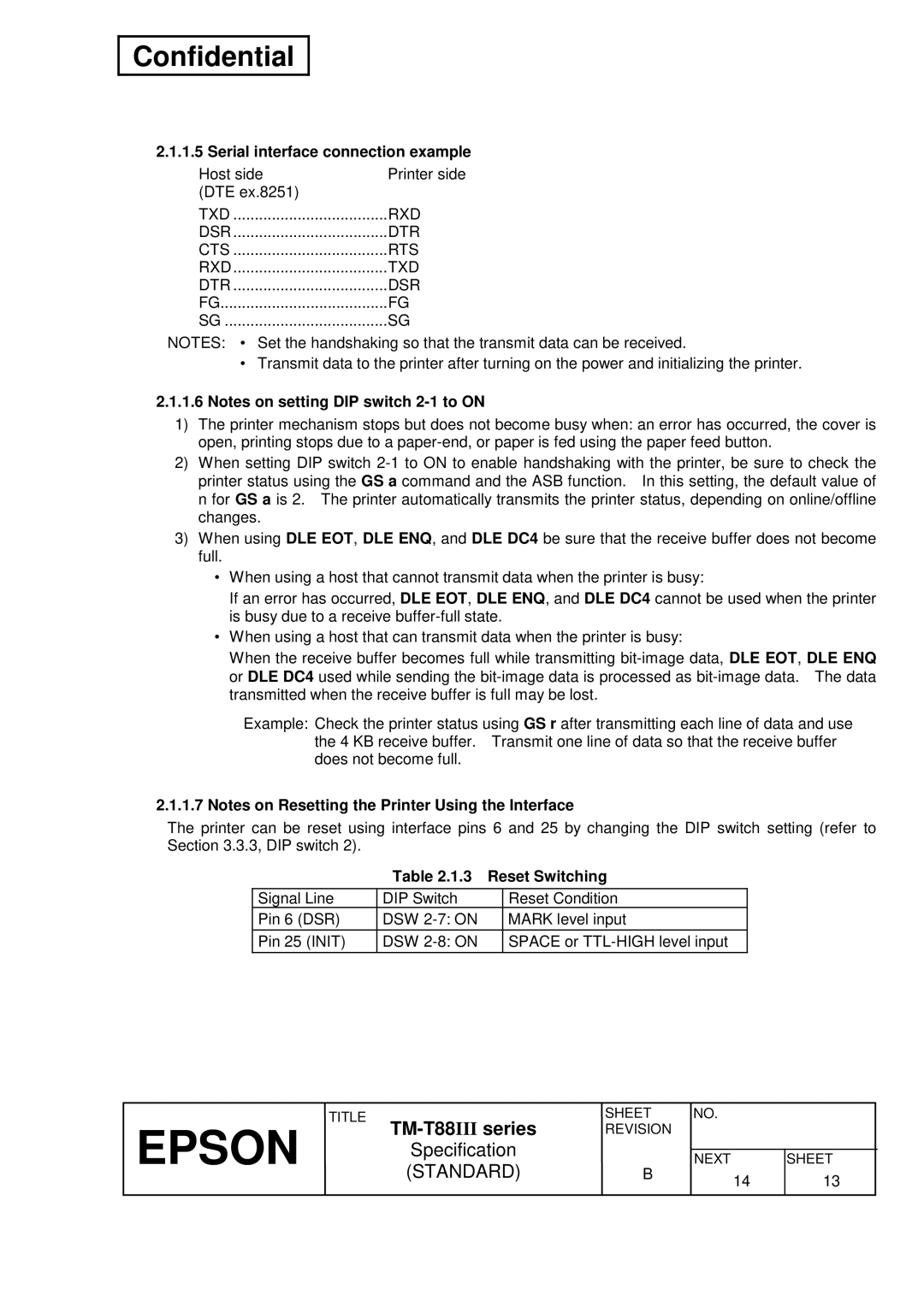 Epson T88III specifications Serial interface connection example, Reset Switching 