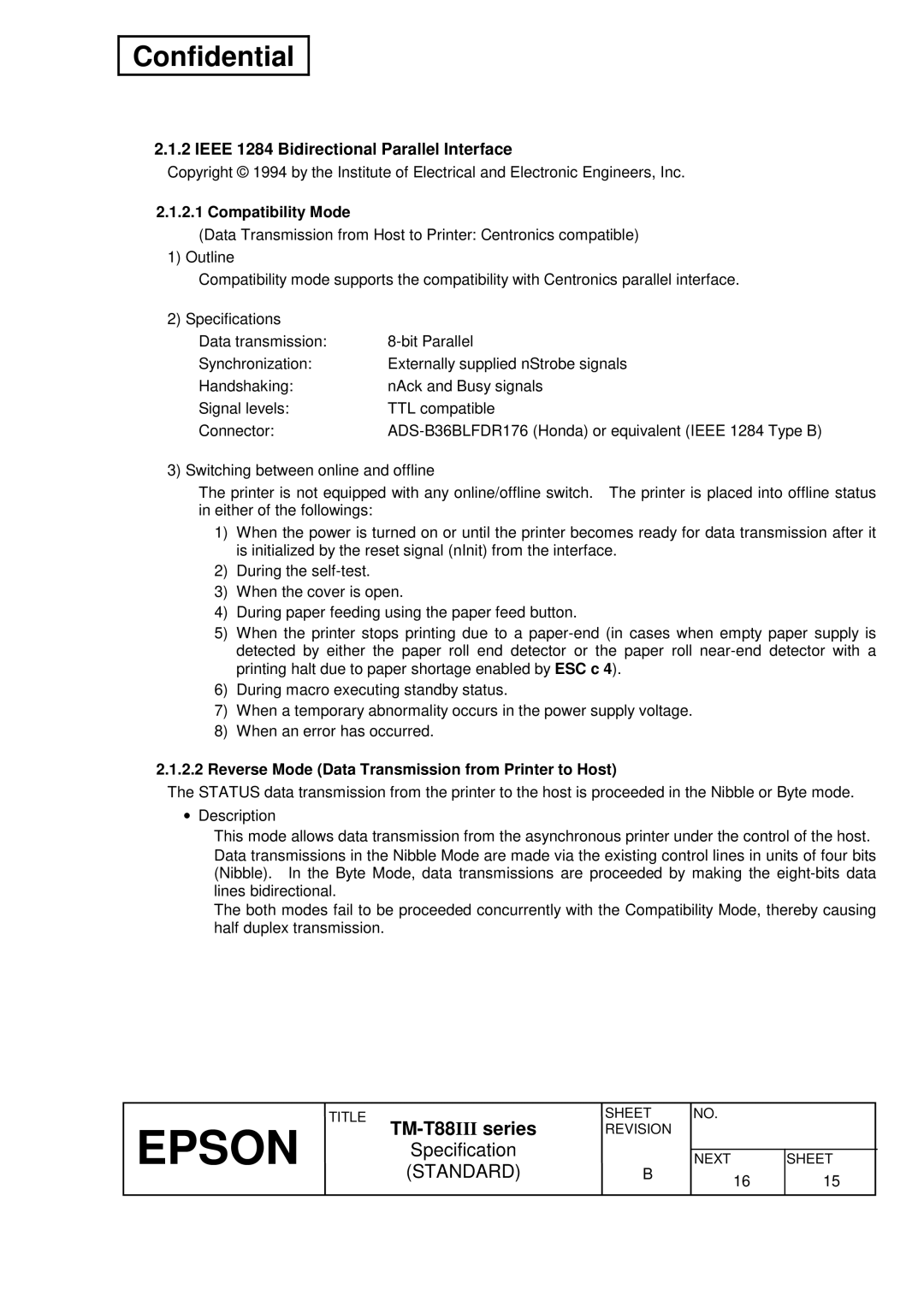 Epson T88III specifications Ieee 1284 Bidirectional Parallel Interface, Compatibility Mode 