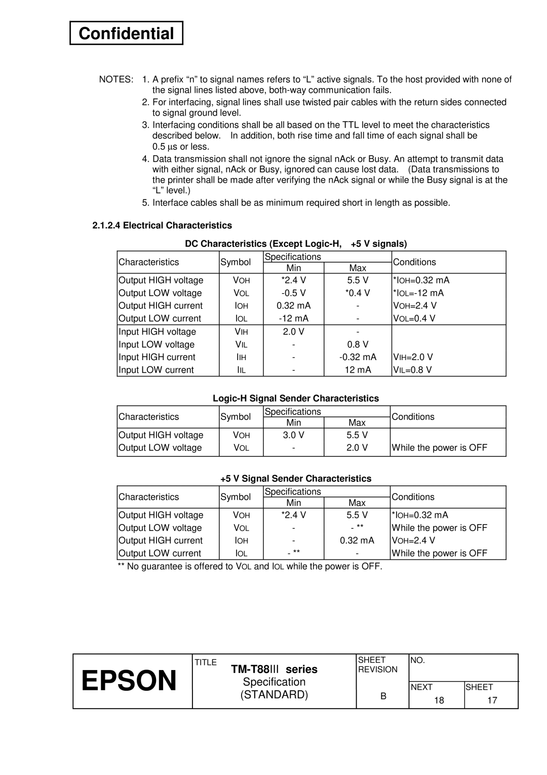 Epson T88III specifications Logic-H Signal Sender Characteristics, +5 V Signal Sender Characteristics 