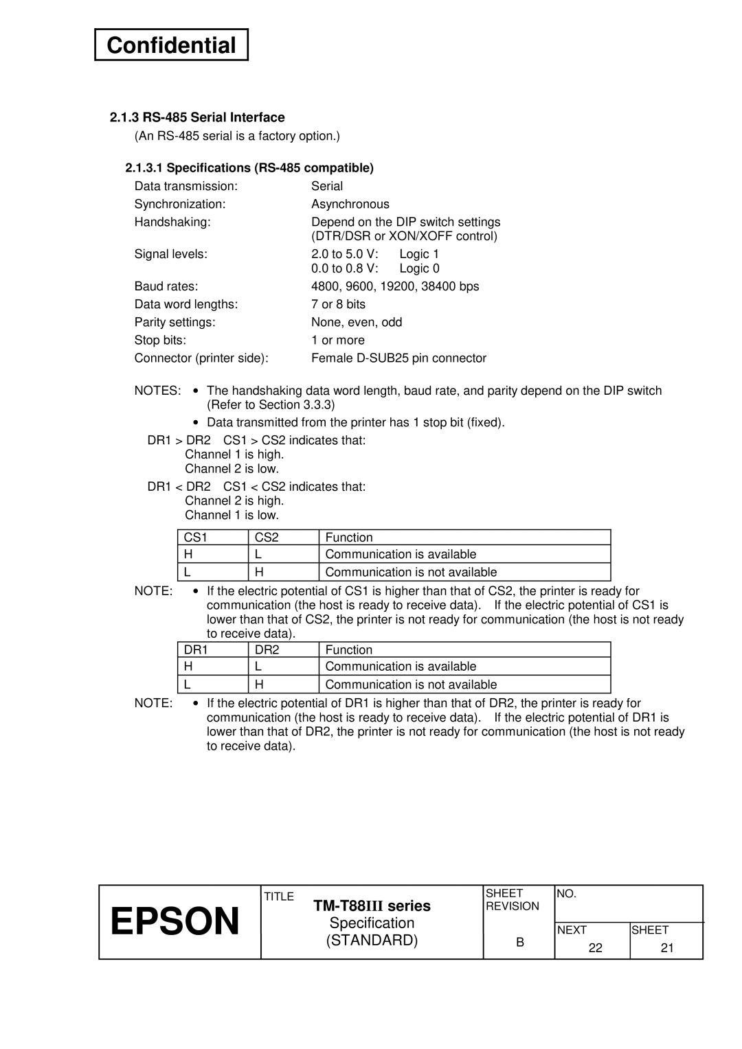 Epson T88III specifications 3 RS-485 Serial Interface, Specifications RS-485 compatible, CS1 CS2, DR1 DR2 