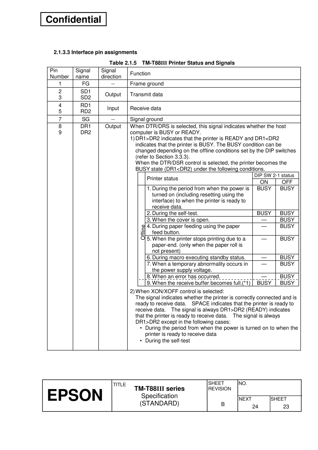 Epson T88III specifications SD1, SD2 RD1, RD2, DR1, Busy 