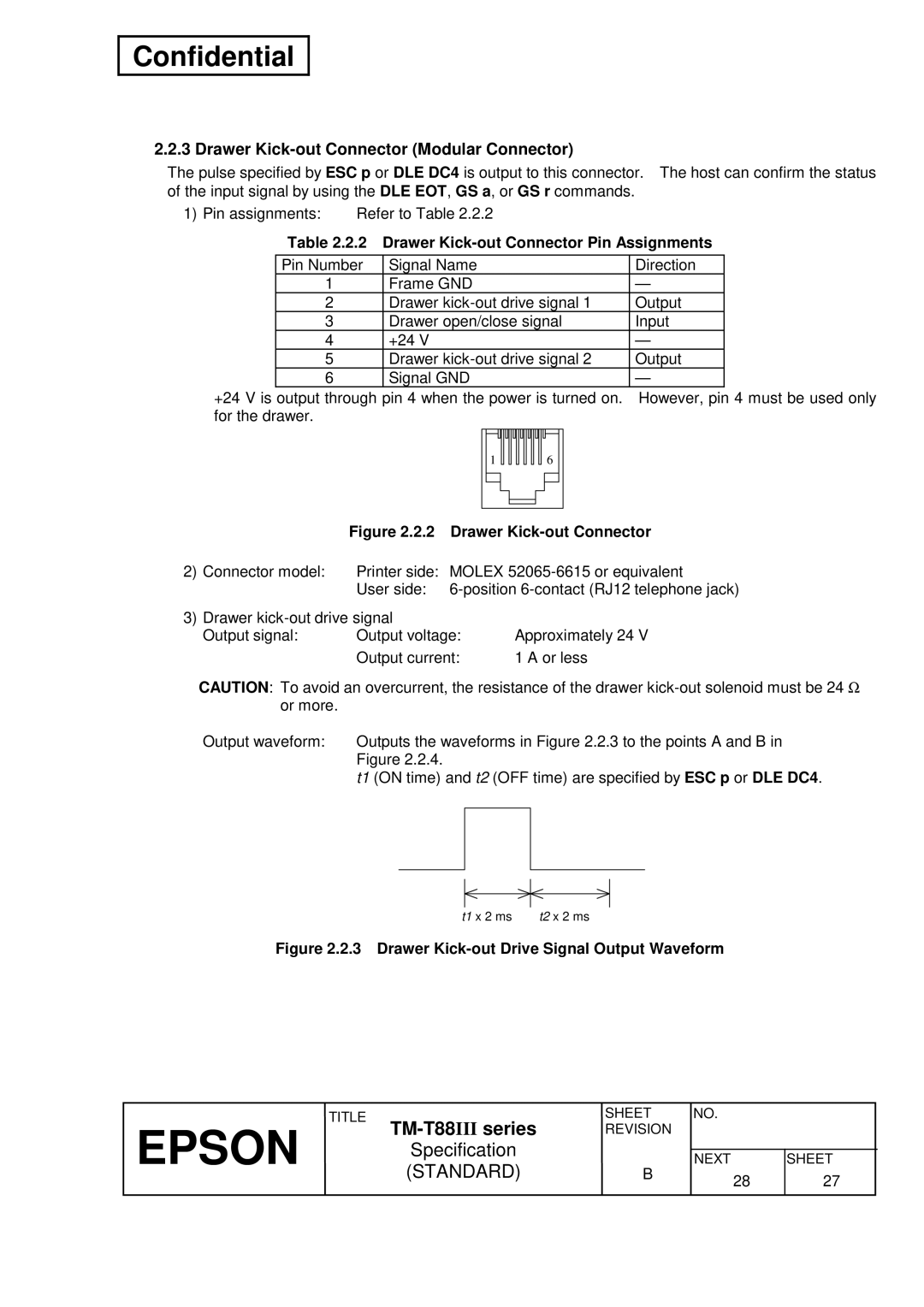 Epson T88III specifications Drawer Kick-out Connector Modular Connector, Drawer Kick-out Connector Pin Assignments 