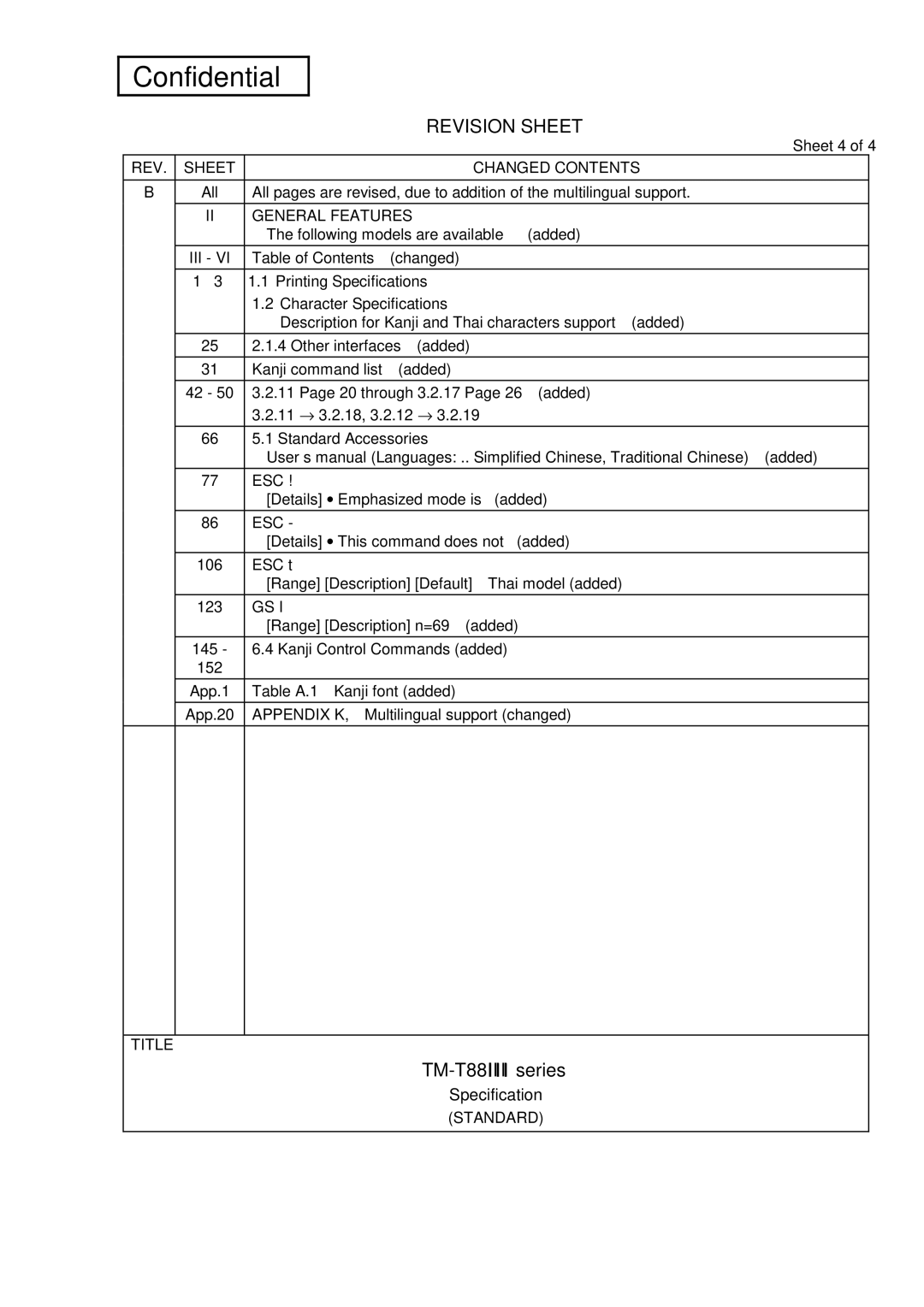 Epson specifications TM-T88IIIseries, REV Sheet Changed Contents, General Features, Iii, Esc 