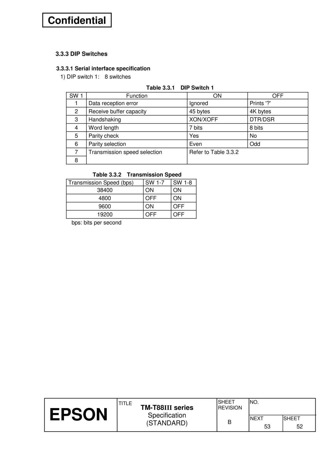 Epson T88III specifications DIP Switches, Xon/Xoff Dtr/Dsr, Transmission Speed 