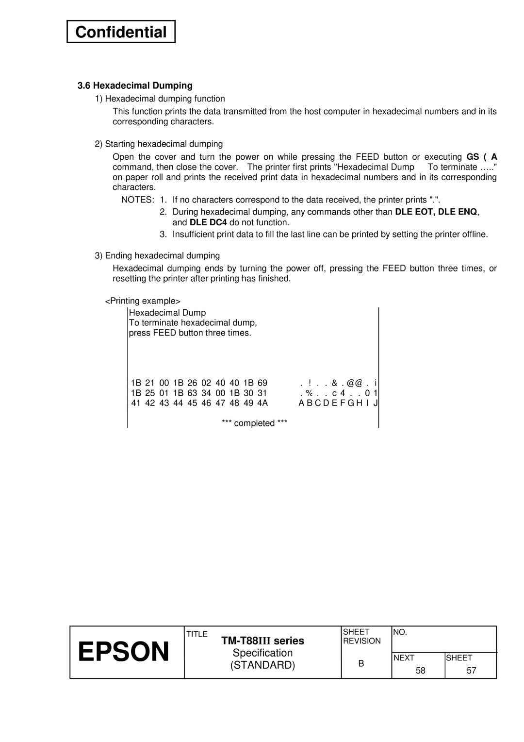 Epson T88III specifications Hexadecimal Dumping, C D E F G H I J 