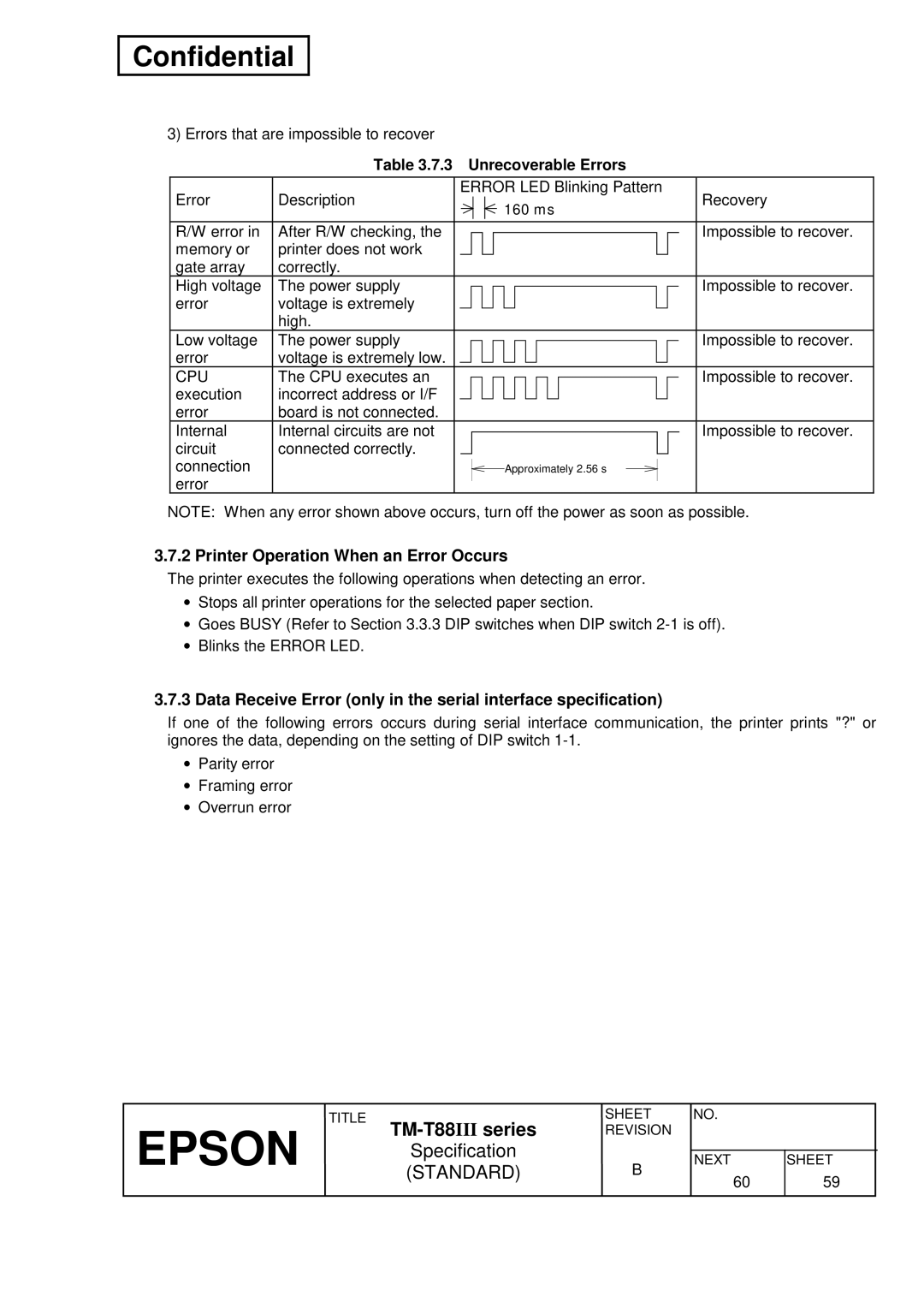 Epson T88III specifications Printer Operation When an Error Occurs, Unrecoverable Errors, Cpu 