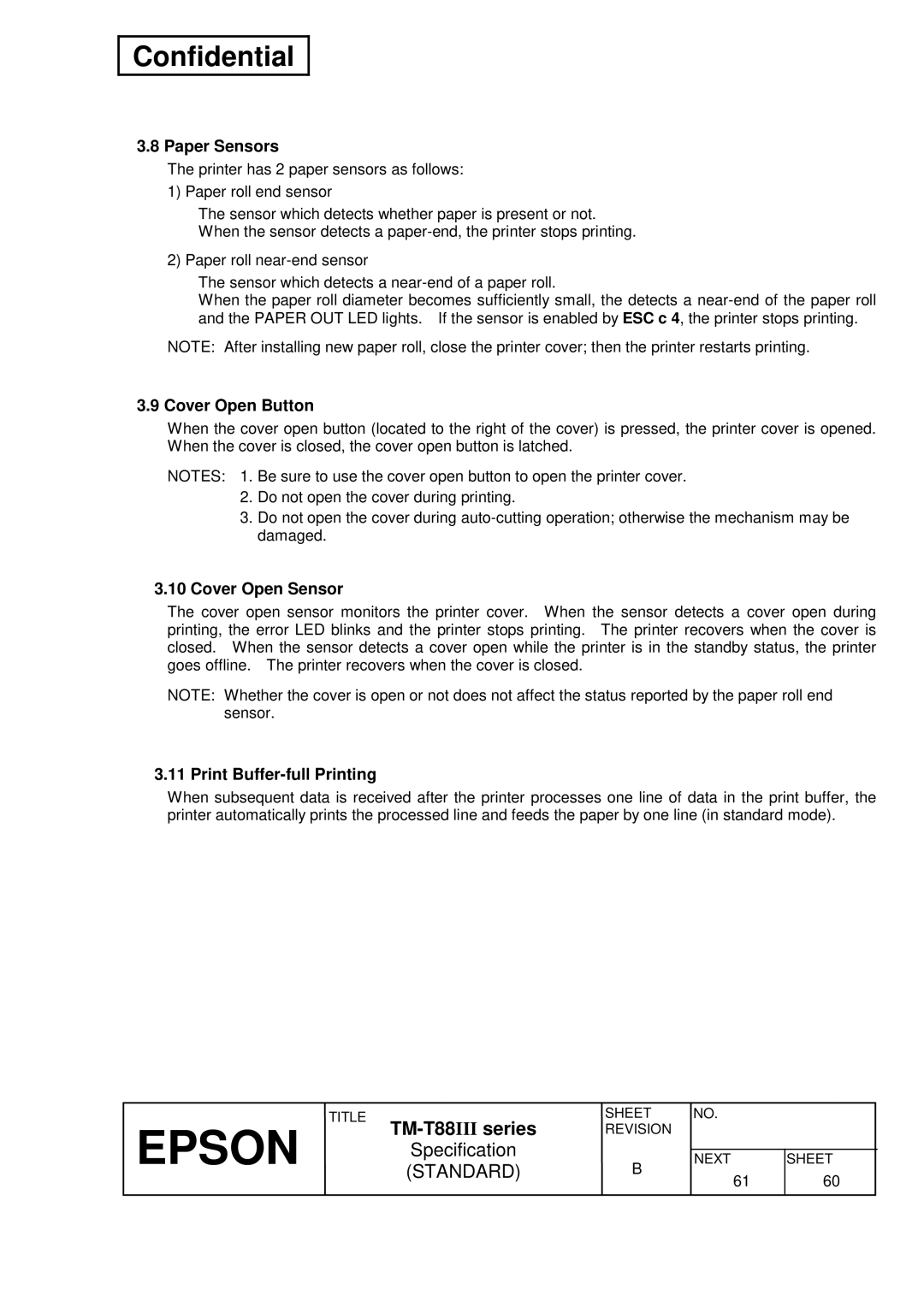 Epson T88III specifications Paper Sensors, Cover Open Button, Cover Open Sensor, Print Buffer-full Printing 