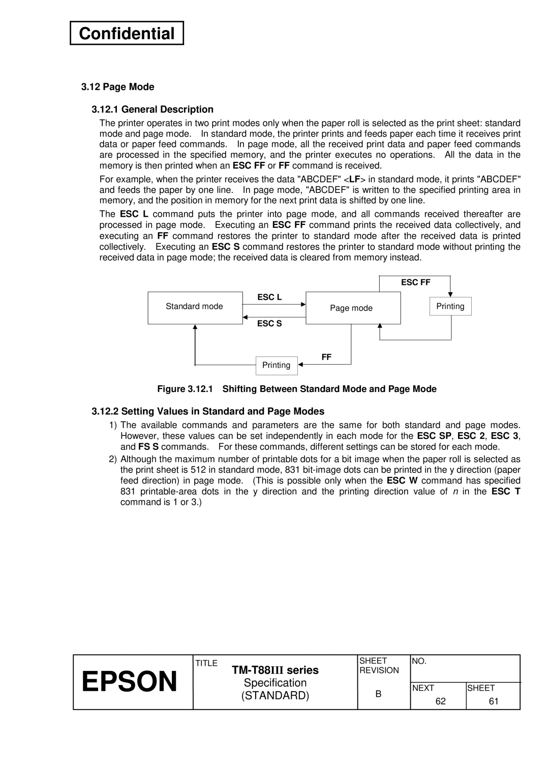 Epson T88III specifications Mode General Description, Setting Values in Standard and Page Modes 