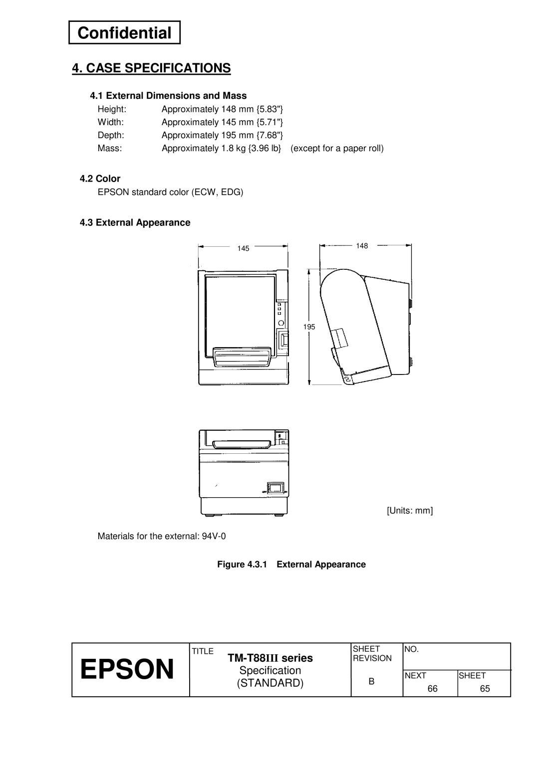 Epson T88III specifications Case Specifications, External Dimensions and Mass, Color, External Appearance 