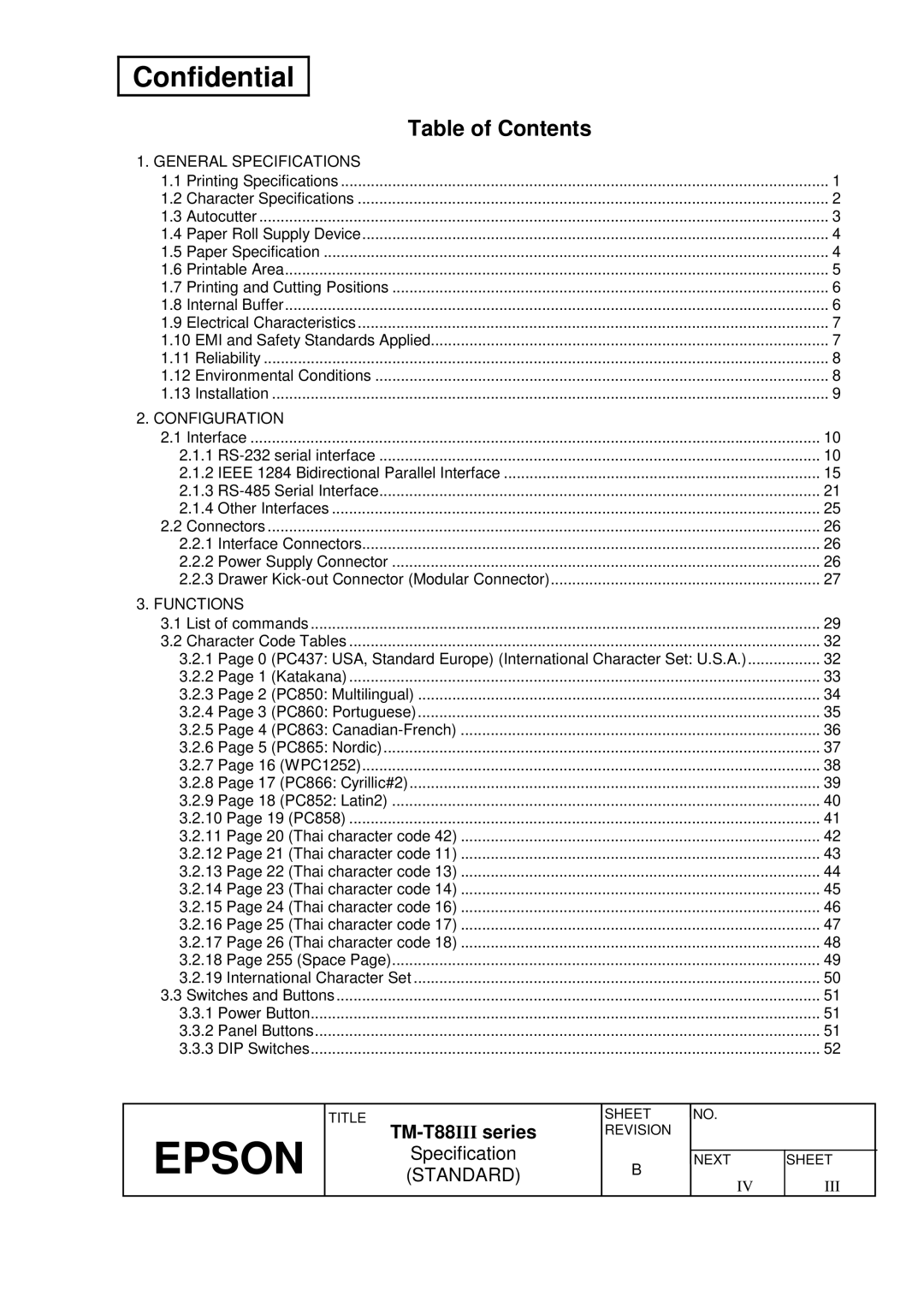 Epson T88III specifications Table of Contents 