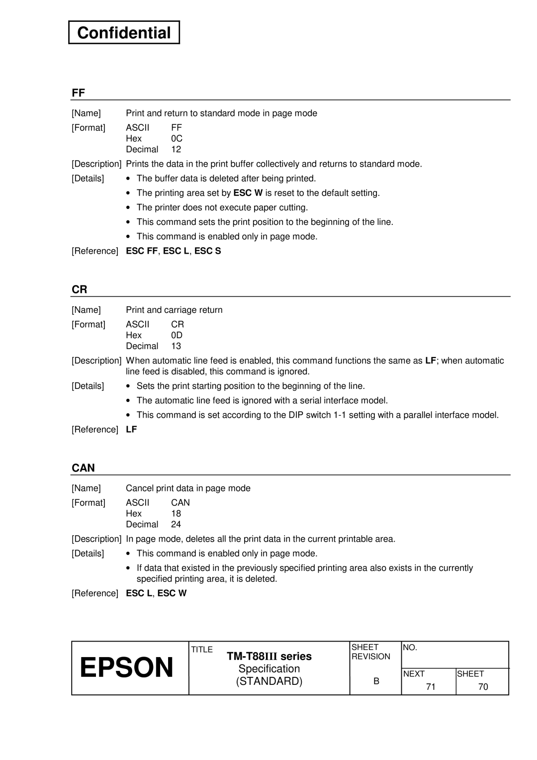 Epson T88III specifications Esc Ff, Esc L, Esc S, Ascii Can 