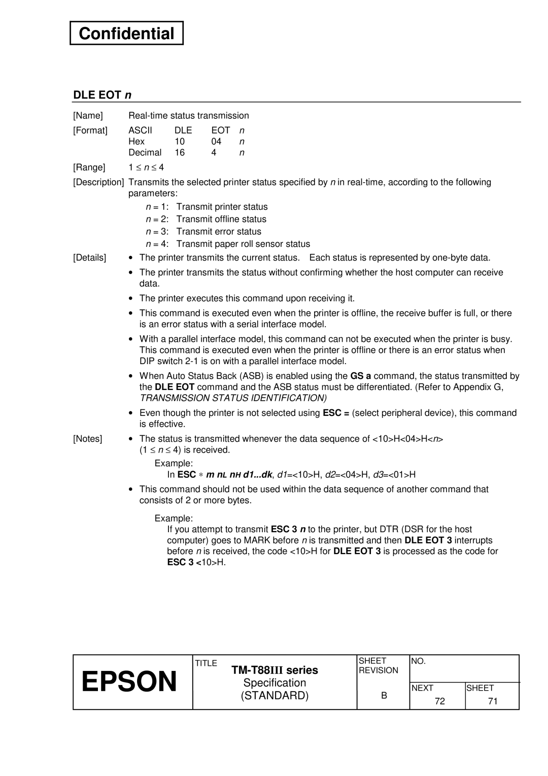 Epson T88III specifications DLE EOT n, Ascii DLE EOT 