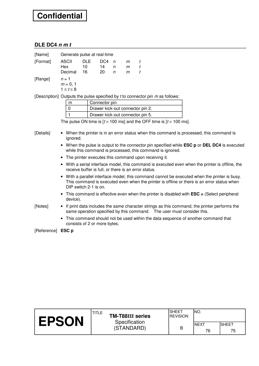 Epson T88III specifications DLE DC4 n m t, Ascii DLE DC4 