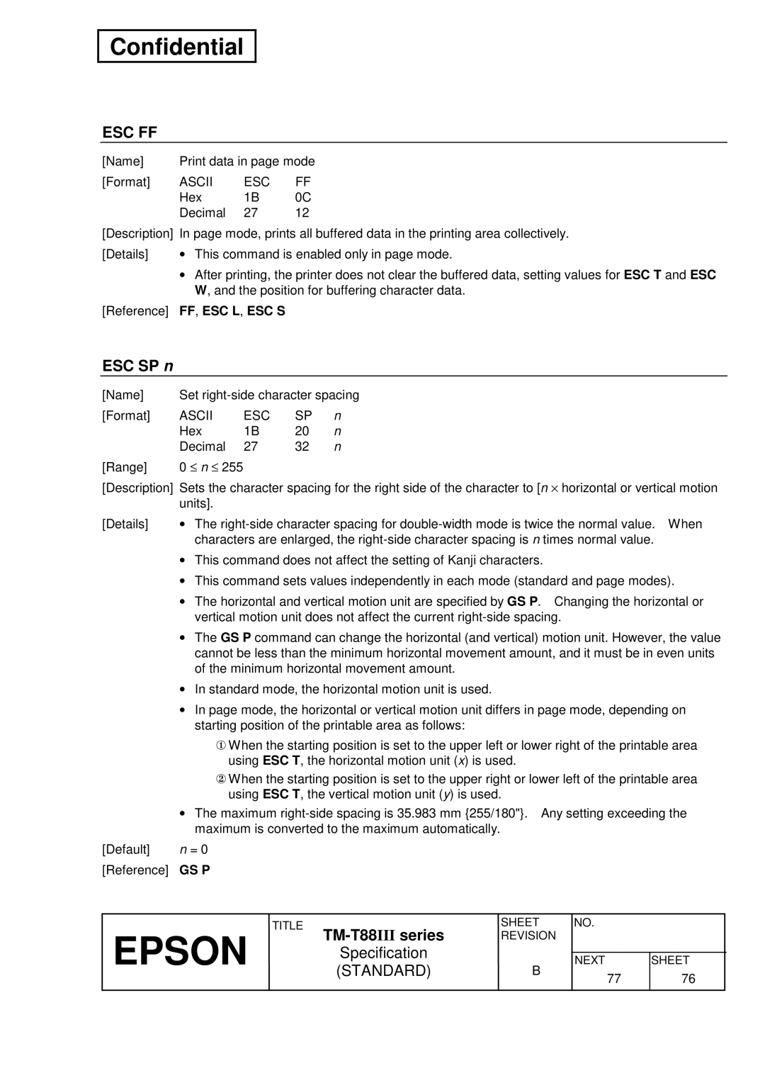 Epson T88III specifications ESC SP n, Ascii ESC 