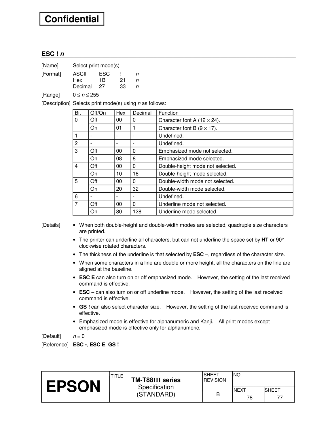 Epson T88III specifications ESC ! n, Esc 