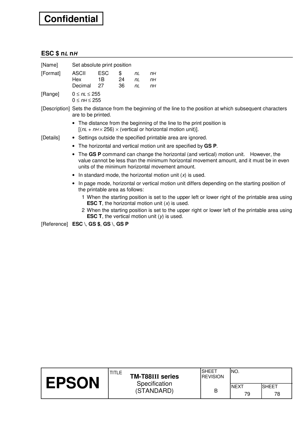 Epson T88III specifications ESC $ nL nH 