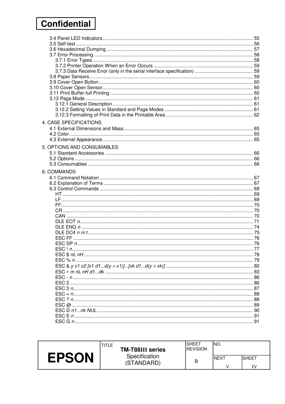 Epson T88III specifications Case Specifications, Options and Consumables, Commands 