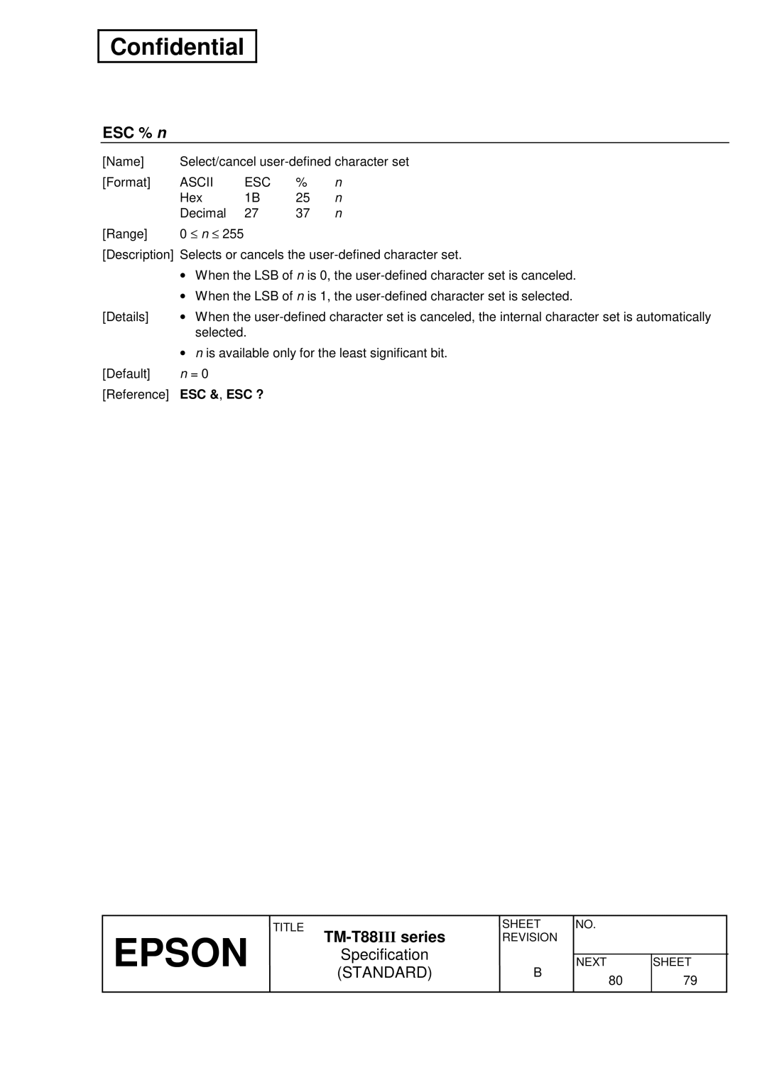 Epson T88III specifications ESC % n, Esc &, Esc ? 