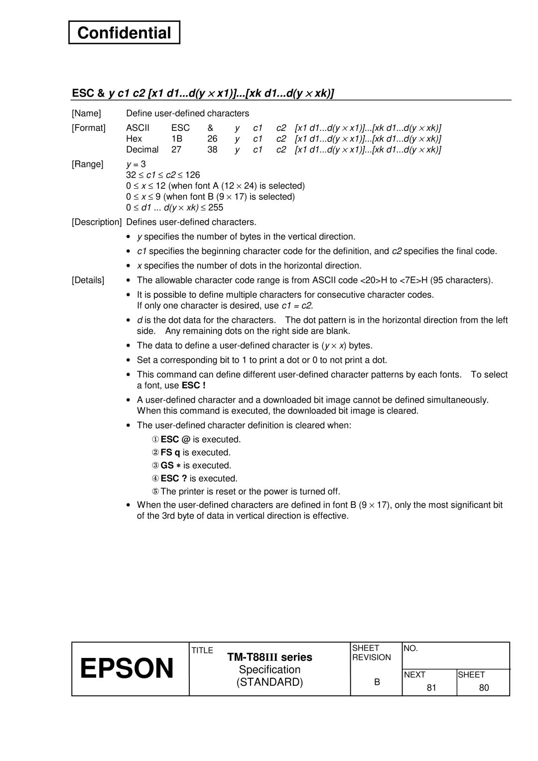 Epson T88III specifications ESC & y c1 c2 x1 d1 Dy ⋅ Xk d1 Dy ⋅ xk 