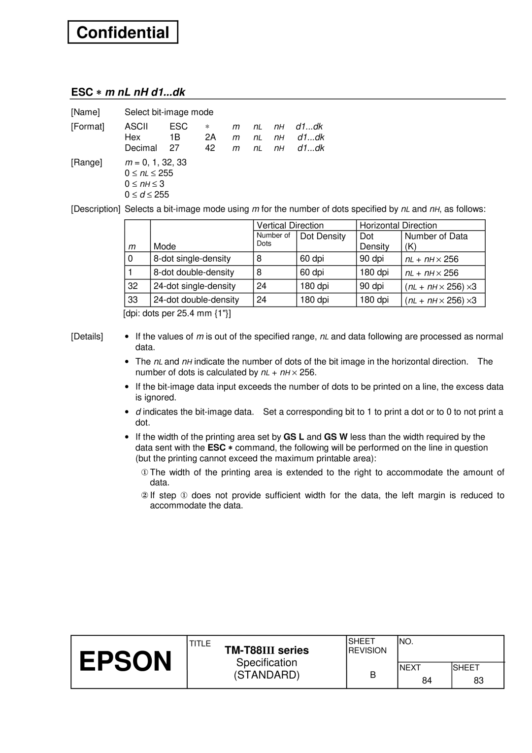 Epson T88III specifications Esc ∗, NL nH d1...dk 