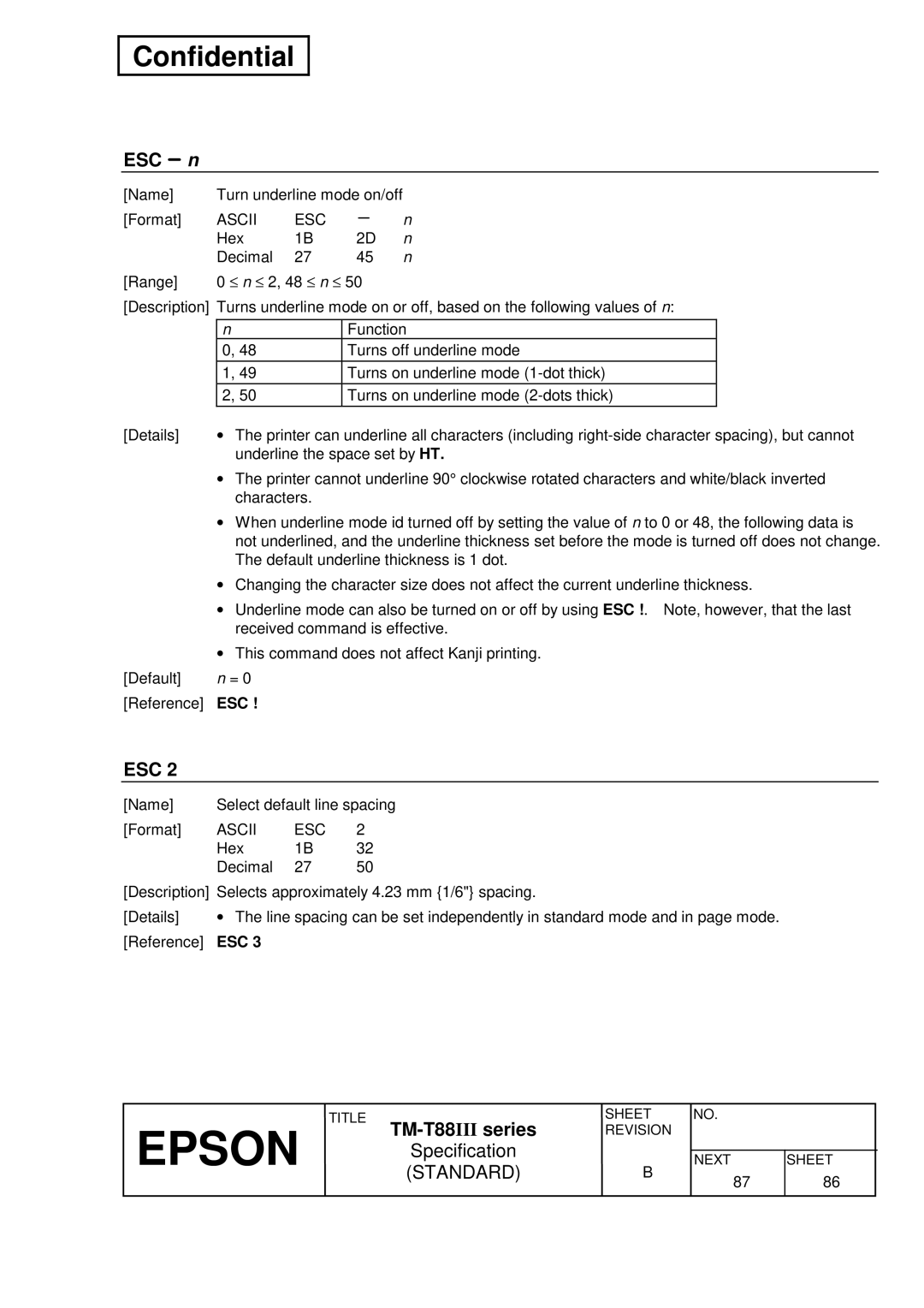 Epson T88III specifications ESC n, Esc 