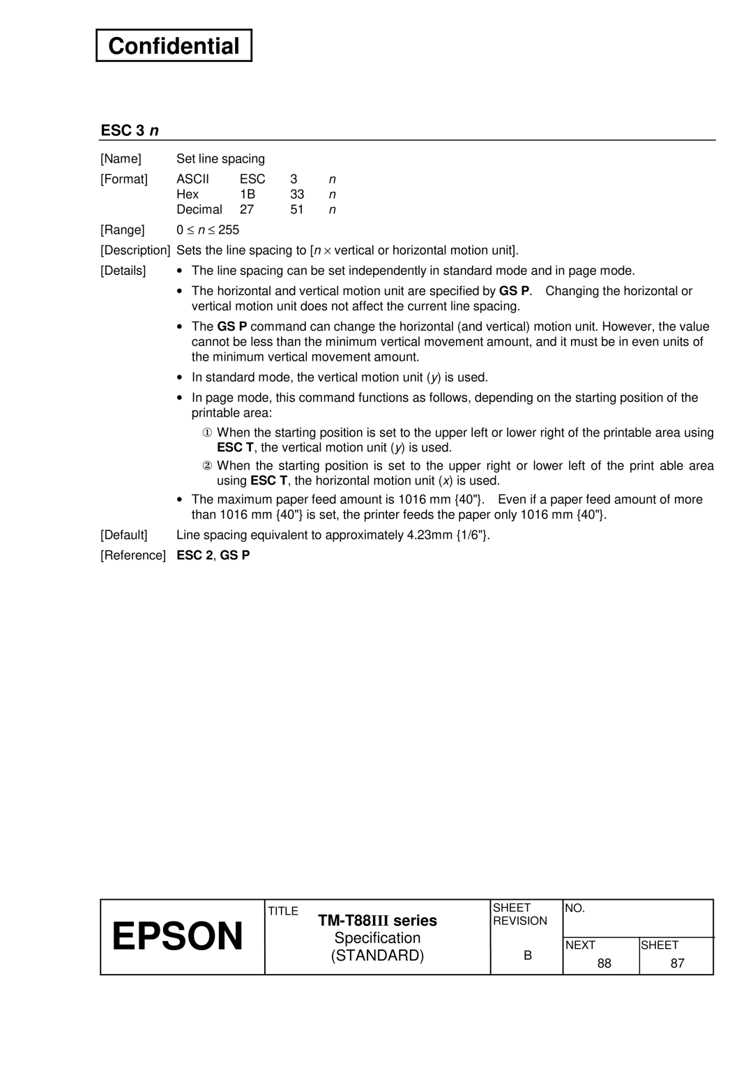 Epson T88III specifications ESC 3 n, ESC 2 , GS P 