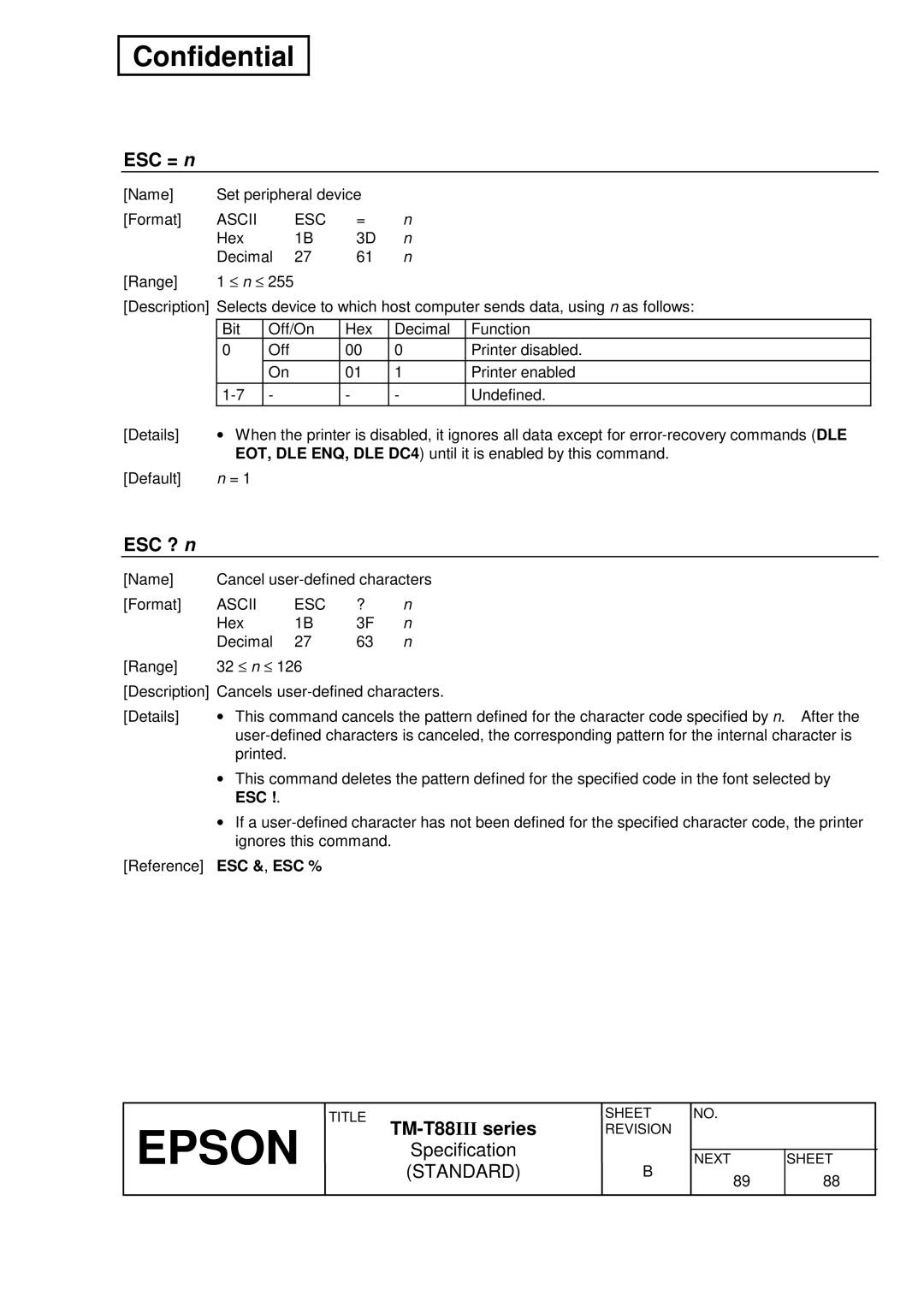 Epson T88III specifications ESC = n, ESC ? n, Esc & , Esc % 