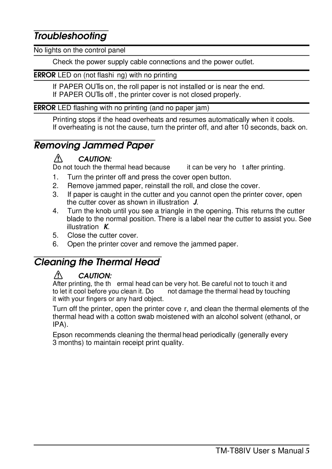 Epson T88IV user manual Troubleshooting, Removing Jammed Paper, Cleaning the Thermal Head 