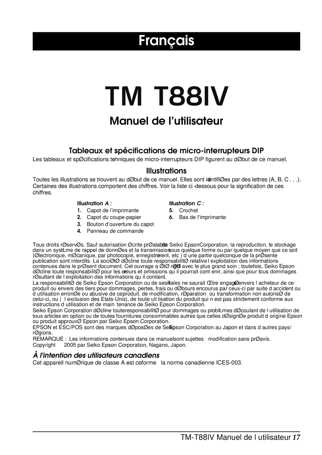 Epson T88IV user manual Français, Manuel de l’utilisateur, Tableaux et spécifications de micro-interrupteurs DIP 