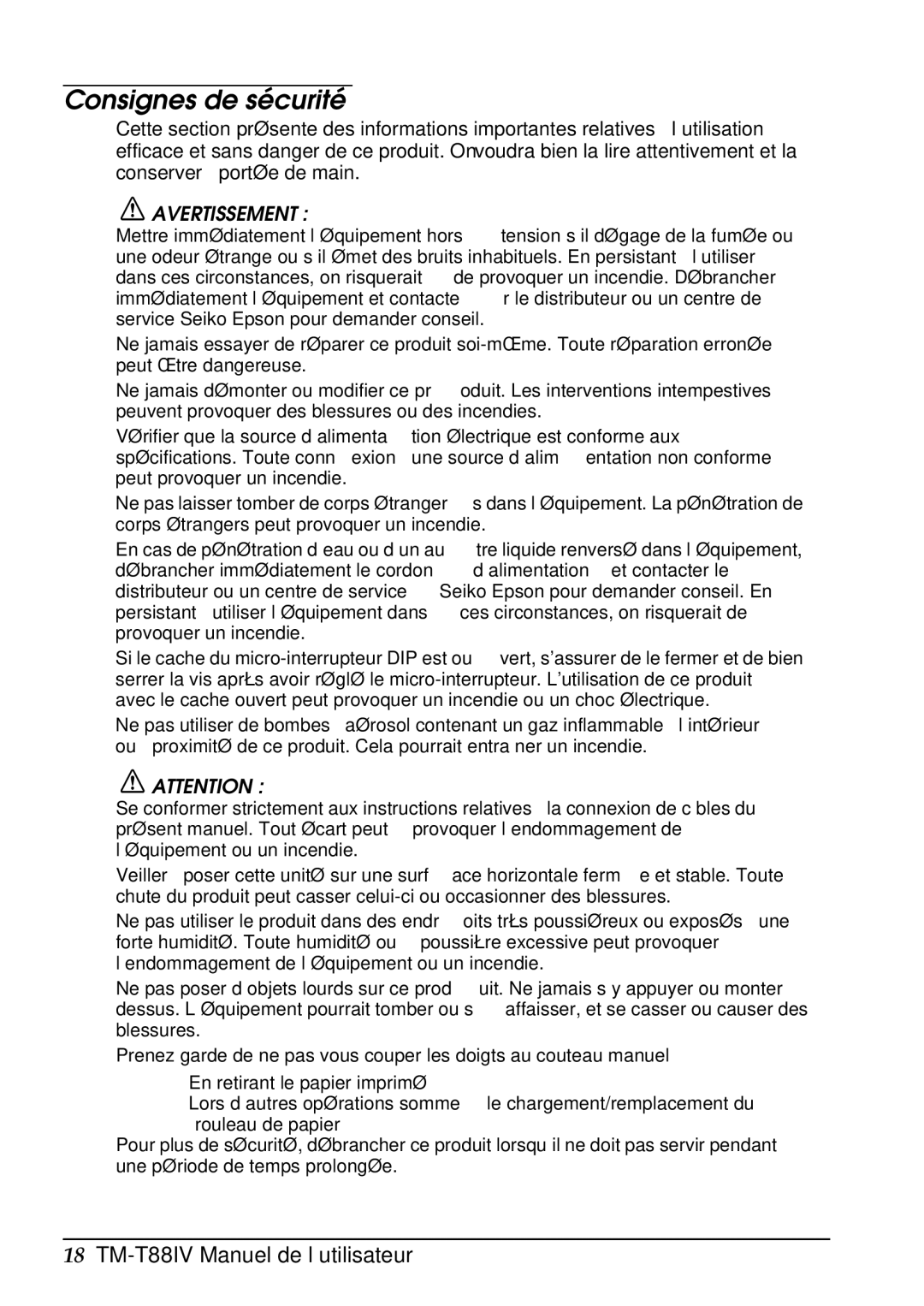 Epson T88IV user manual Consignes de sécurité, Avertissement 