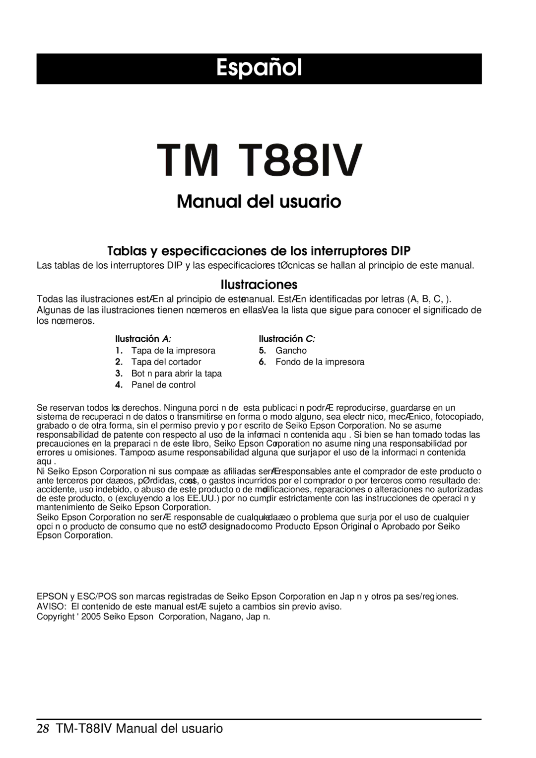 Epson T88IV user manual Español, Manual del usuario, Tablas y especificaciones de los interruptores DIP, Ilustraciones 